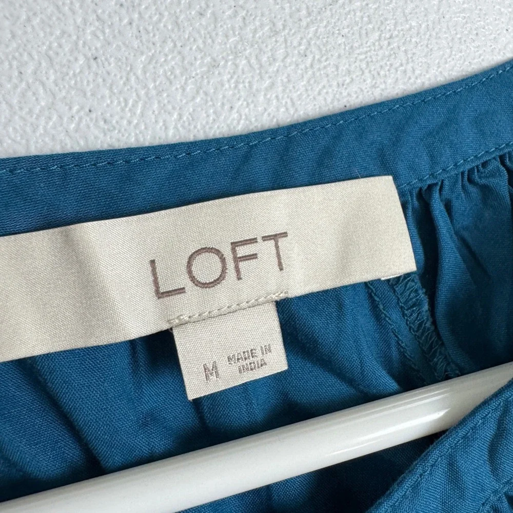 Loft Teal Blue Ladder Stitch Puff Sleeve Pleated Blouse Top Womens M 761445